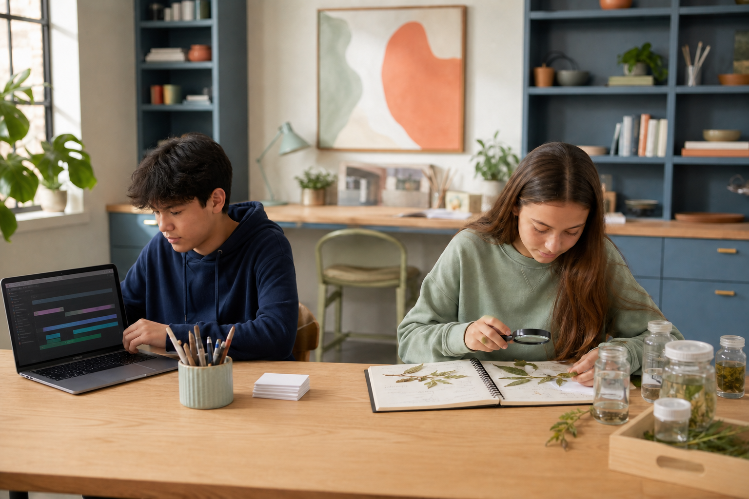 Two middle-school students exploring digital media and environmental science projects