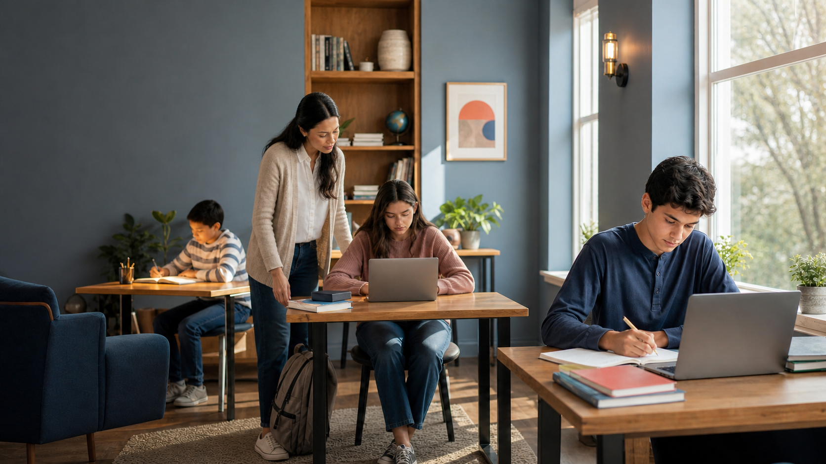 A tutor supporting three students working independently in a warm, focused study center