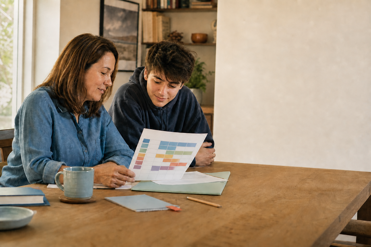 A parent and high-school student reviewing a personalized weekly study plan together